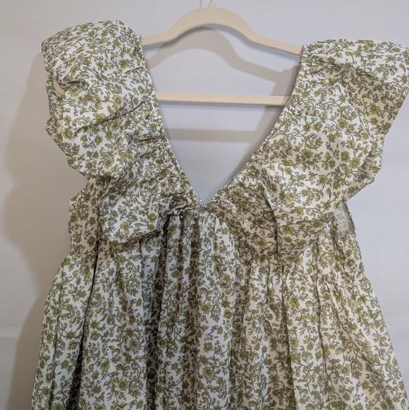 Green Floral Patterned Mini V Neck Puff Sleeve Babydoll Dress L - Picture 3 of 15